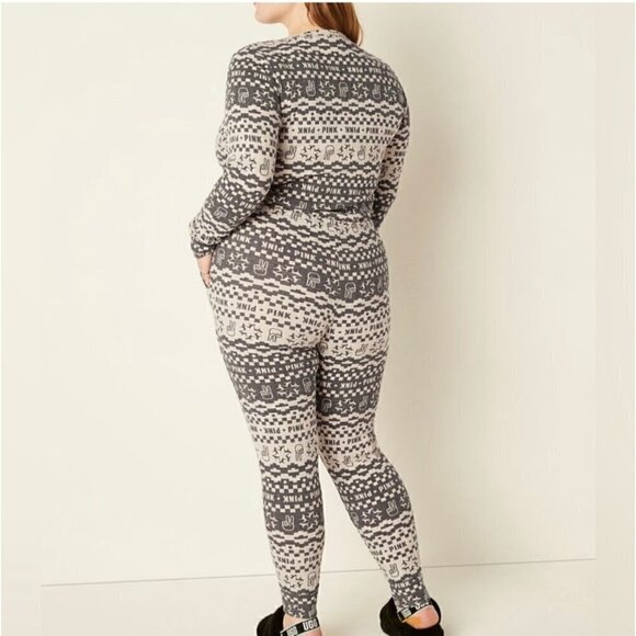 NWT Victoria's Secret Peace Sign PINK Thermal Pajama Onesie Grey Cream L - Picture 3 of 8